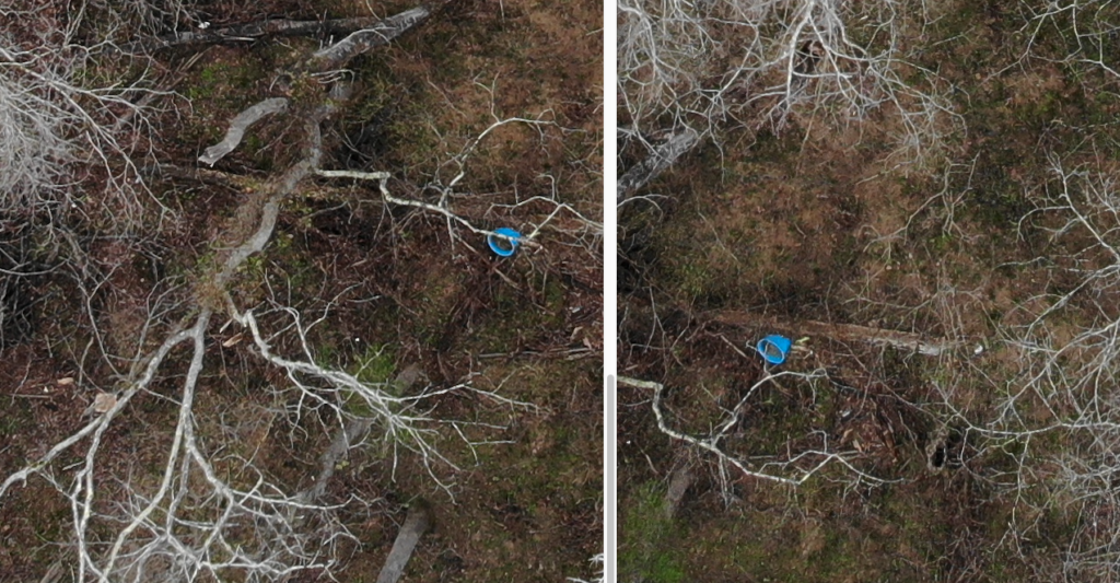 Two pictures side by side of a river bank both with a small blue bucket on its side in the image