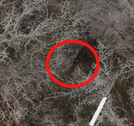 An overhead shot of the ground with a red circle around a blue dot in the middle