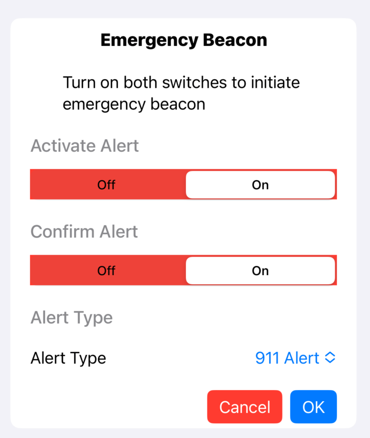 A screen titled "Emergency Beacon" with switches to enable the emergency alert and a dropdown for specifying the alert type