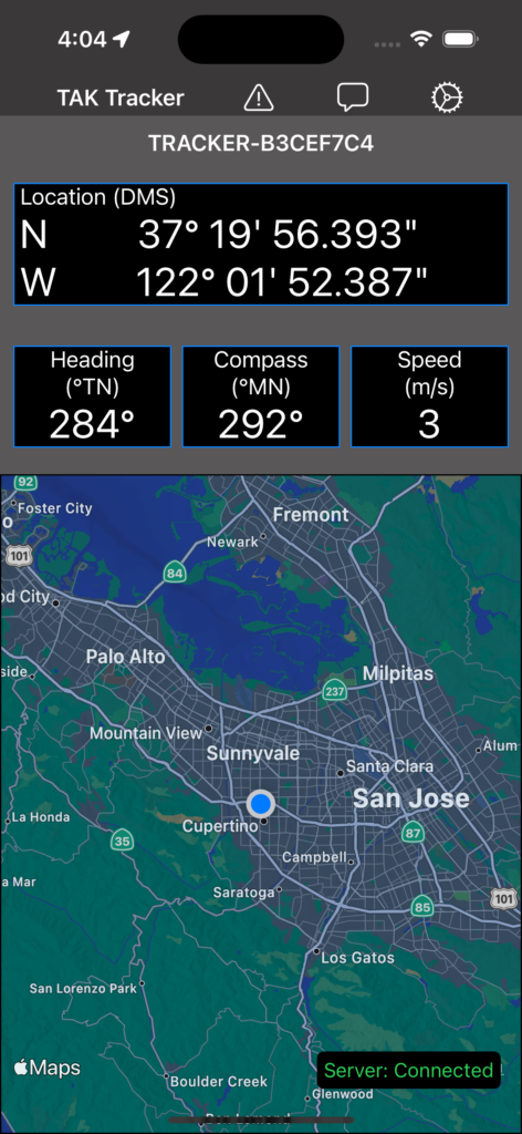 A screenshot of a mapping application showing data on the user's location, heading, compass and speed, as well as a dot on the map for their location and a status bar that says "Server: Connected"